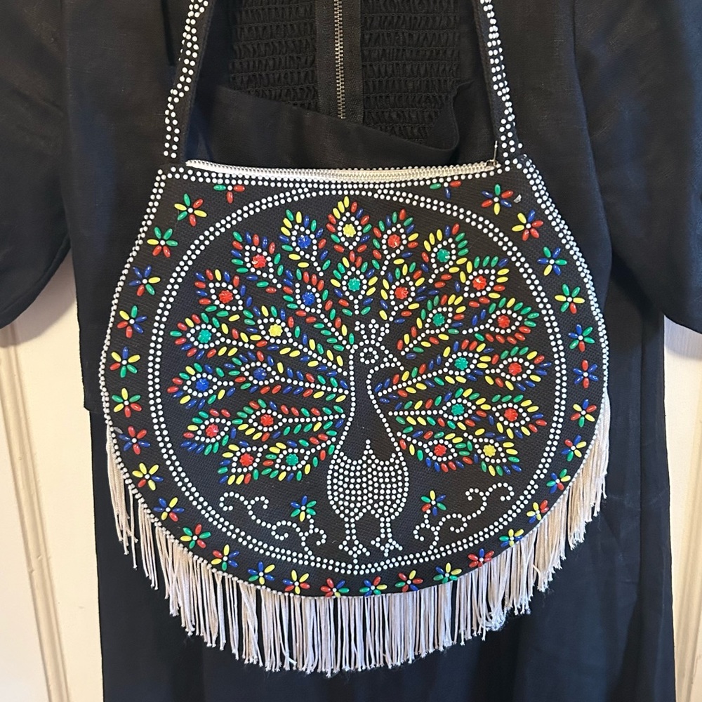 Vintage Multicolor Peacock Shoulder Purse, 1970s, Boho, Fringe, Bohemian